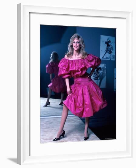 Actress Morgan Fairchild Wearing Pink Dress, Reflected by Mirror-David Mcgough-Framed Premium Photographic Print