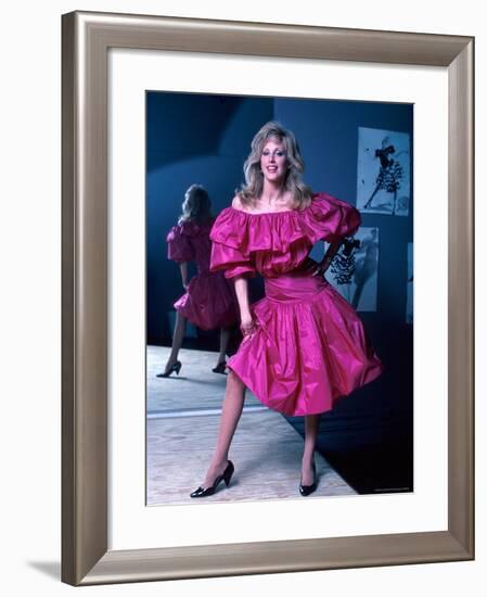 Actress Morgan Fairchild Wearing Pink Dress, Reflected by Mirror-David Mcgough-Framed Premium Photographic Print