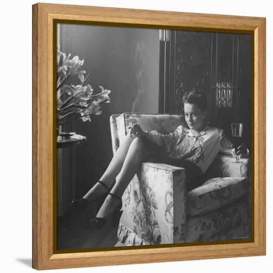 Actress Olivia de Havilland with Cigarette and Glass of Beer in While Relaxing at Home-Bob Landry-Framed Premier Image Canvas