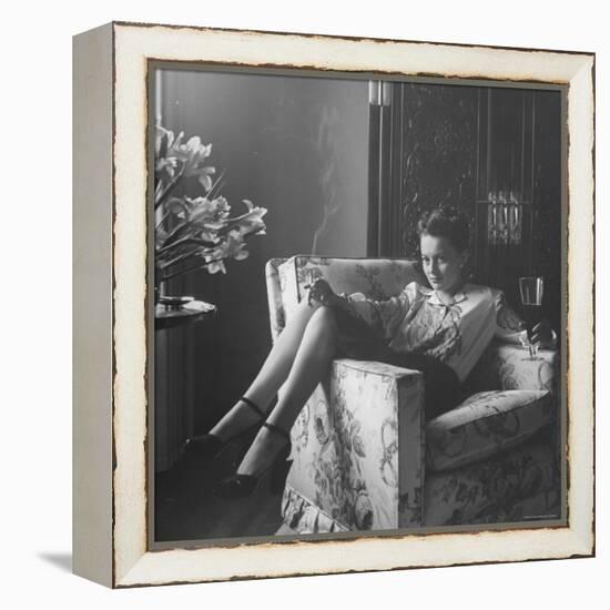 Actress Olivia de Havilland with Cigarette and Glass of Beer in While Relaxing at Home-Bob Landry-Framed Premier Image Canvas