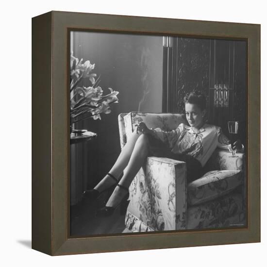 Actress Olivia de Havilland with Cigarette and Glass of Beer in While Relaxing at Home-Bob Landry-Framed Premier Image Canvas