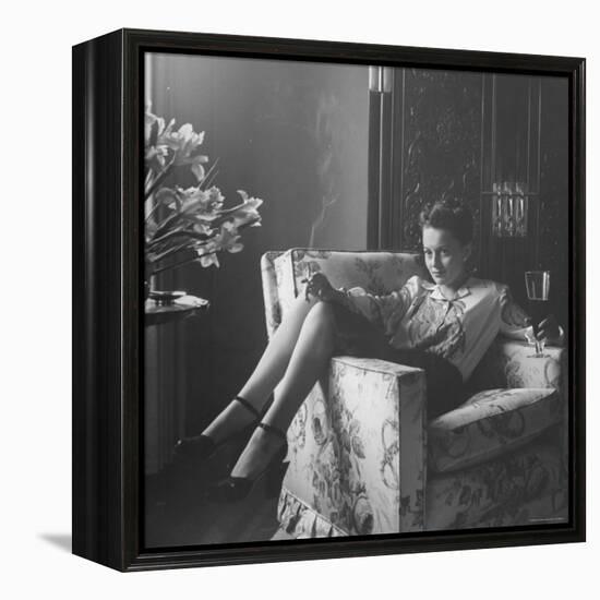 Actress Olivia de Havilland with Cigarette and Glass of Beer in While Relaxing at Home-Bob Landry-Framed Premier Image Canvas