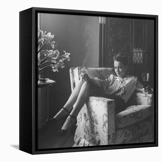 Actress Olivia de Havilland with Cigarette and Glass of Beer in While Relaxing at Home-Bob Landry-Framed Premier Image Canvas