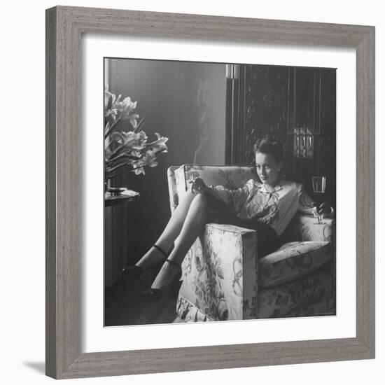 Actress Olivia de Havilland with Cigarette and Glass of Beer in While Relaxing at Home-Bob Landry-Framed Premium Photographic Print