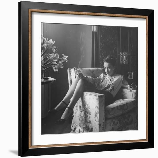 Actress Olivia de Havilland with Cigarette and Glass of Beer in While Relaxing at Home-Bob Landry-Framed Premium Photographic Print