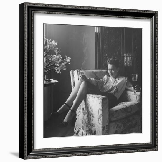 Actress Olivia de Havilland with Cigarette and Glass of Beer in While Relaxing at Home-Bob Landry-Framed Premium Photographic Print