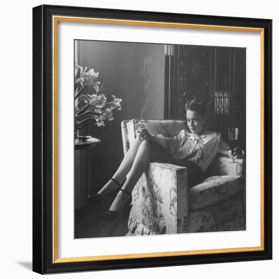 Actress Olivia de Havilland with Cigarette and Glass of Beer in While Relaxing at Home-Bob Landry-Framed Premium Photographic Print