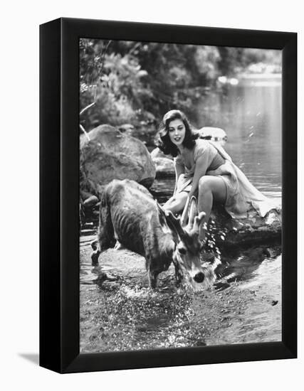 Actress Pier Angeli, Clad in Strapless Chiffon Party Dress Sitting on a Rock in a Pond-Allan Grant-Framed Premier Image Canvas