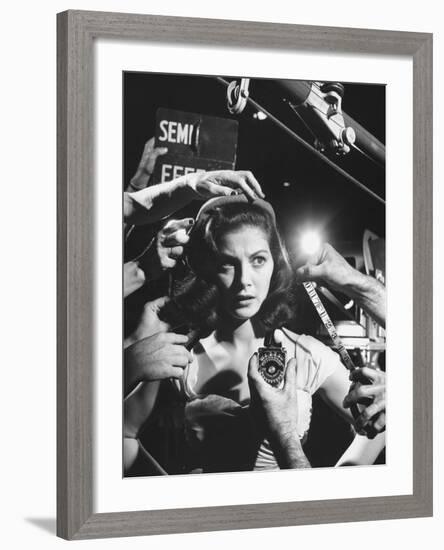 Actress Pier Angeli, Surrounded by Hands From Hair Stylist, Dresser, and Cameraman on MGM Movie Set-Allan Grant-Framed Premium Photographic Print