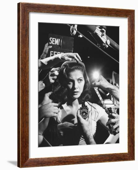 Actress Pier Angeli, Surrounded by Hands From Hair Stylist, Dresser, and Cameraman on MGM Movie Set-Allan Grant-Framed Premium Photographic Print