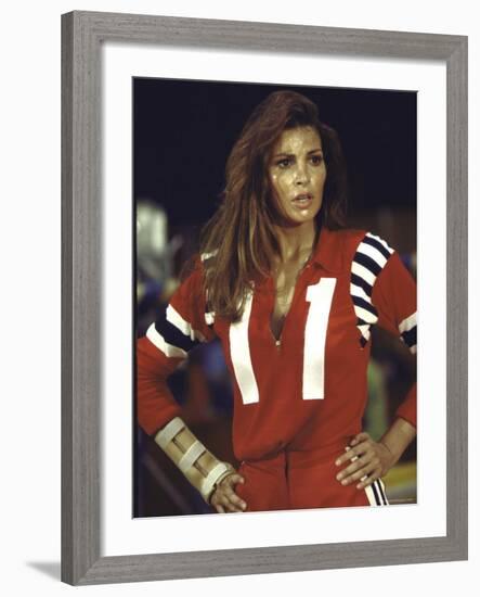 Actress Raquel Welch in Uniform During Filming of Motion Picture "The Kansas City Bomber"-Bill Eppridge-Framed Premium Photographic Print