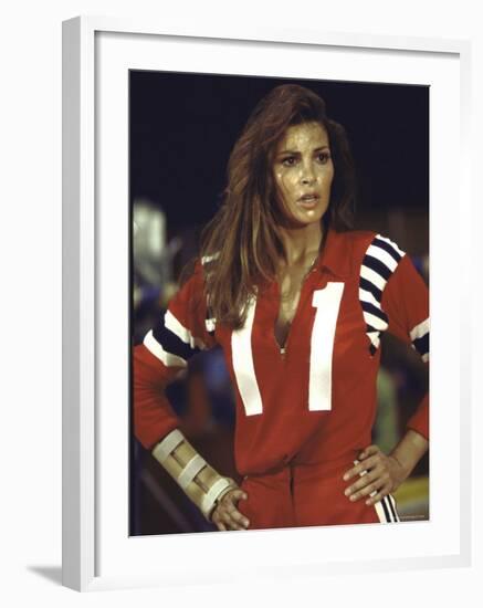 Actress Raquel Welch in Uniform During Filming of Motion Picture "The Kansas City Bomber"-Bill Eppridge-Framed Premium Photographic Print