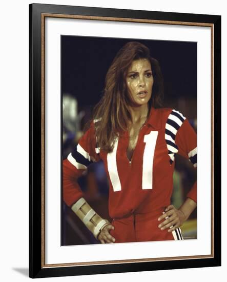 Actress Raquel Welch in Uniform During Filming of Motion Picture "The Kansas City Bomber"-Bill Eppridge-Framed Premium Photographic Print