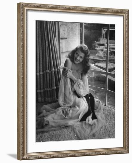 Actress Rita Hayworth Wearing Nude Souffle Negligee in movie "Gilda"-Bob Landry-Framed Premium Photographic Print