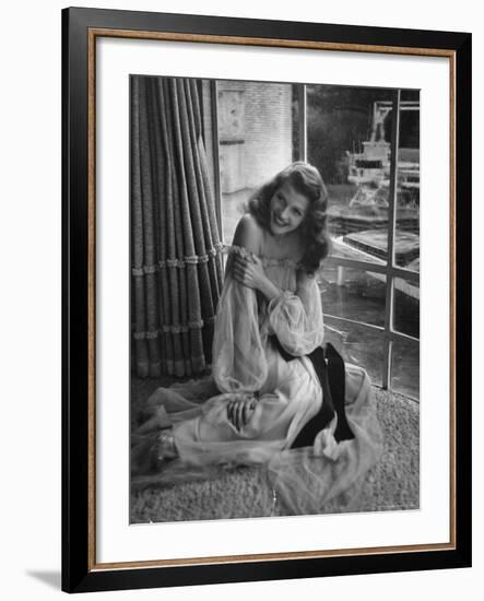 Actress Rita Hayworth Wearing Nude Souffle Negligee in movie "Gilda"-Bob Landry-Framed Premium Photographic Print