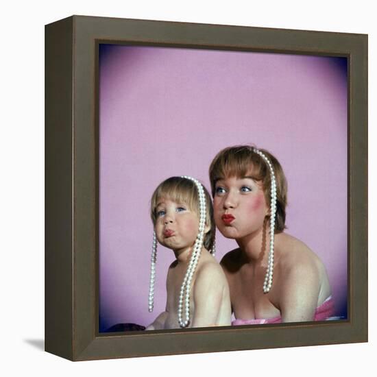 Actress Shirley MacLaine and Daughter Sachi Parker Pouting with String of Pearls on Their Heads-Allan Grant-Framed Premier Image Canvas