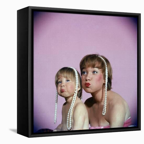 Actress Shirley MacLaine and Daughter Sachi Parker Pouting with String of Pearls on Their Heads-Allan Grant-Framed Premier Image Canvas