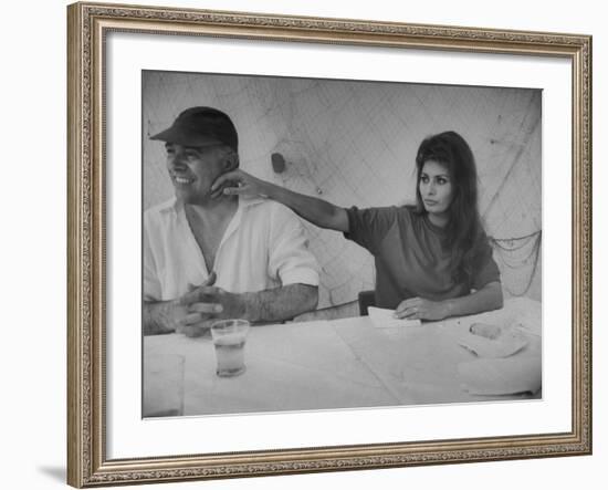 Actress Sophia Loren and Husband, Movie Producer Carlo Ponti Dining at Restaurant-Alfred Eisenstaedt-Framed Premium Photographic Print