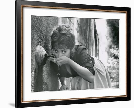 Actress Sophia Loren Drinking Water from Spigot During the Filming of Madame Sans Gene-Alfred Eisenstaedt-Framed Premium Photographic Print