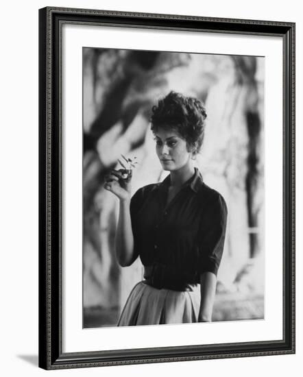 Actress Sophia Loren Examining a Tiny Flower Outside-Alfred Eisenstaedt-Framed Premium Photographic Print