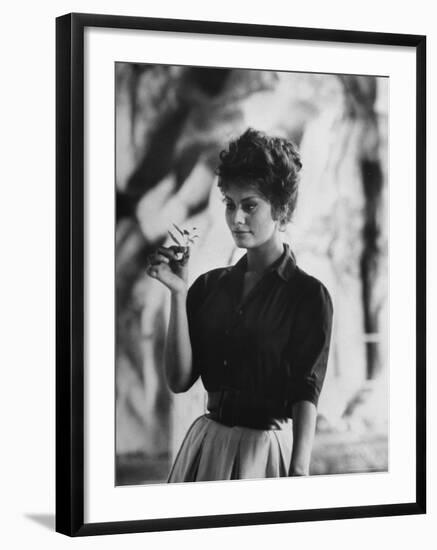 Actress Sophia Loren Examining a Tiny Flower Outside-Alfred Eisenstaedt-Framed Premium Photographic Print