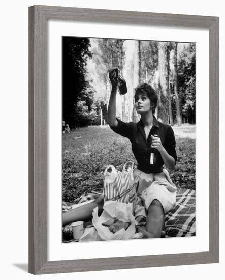 Actress Sophia Loren Examining Contents of Bottle During Location Filming of "Madame Sans Gene"-Alfred Eisenstaedt-Framed Premium Photographic Print