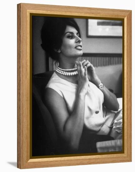 Actress Sophia Loren Fingering Her Pearl Necklace-Alfred Eisenstaedt-Framed Premier Image Canvas