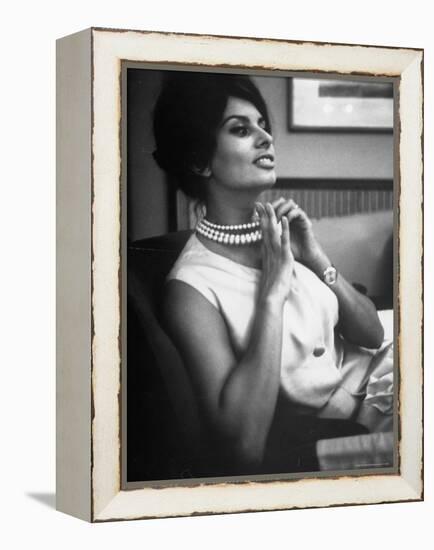 Actress Sophia Loren Fingering Her Pearl Necklace-Alfred Eisenstaedt-Framed Premier Image Canvas