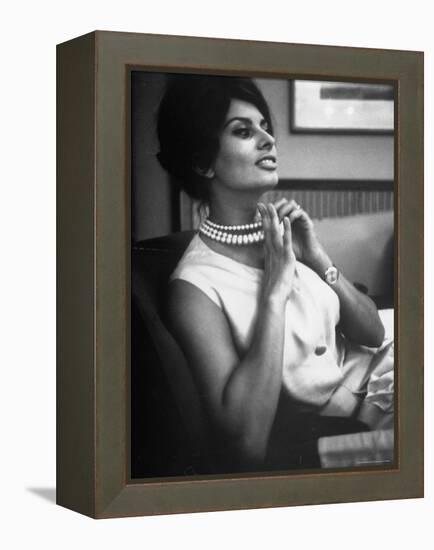 Actress Sophia Loren Fingering Her Pearl Necklace-Alfred Eisenstaedt-Framed Premier Image Canvas