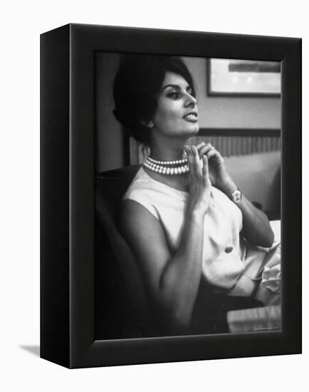 Actress Sophia Loren Fingering Her Pearl Necklace-Alfred Eisenstaedt-Framed Premier Image Canvas