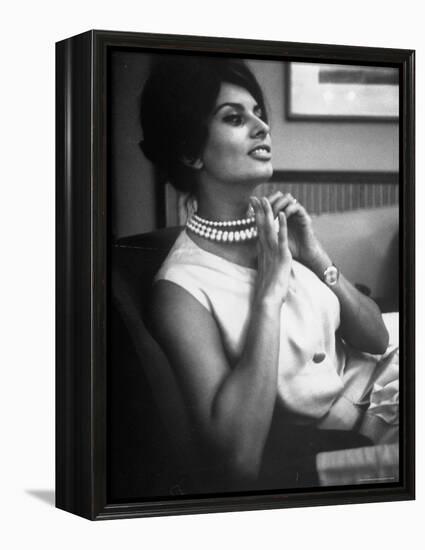 Actress Sophia Loren Fingering Her Pearl Necklace-Alfred Eisenstaedt-Framed Premier Image Canvas