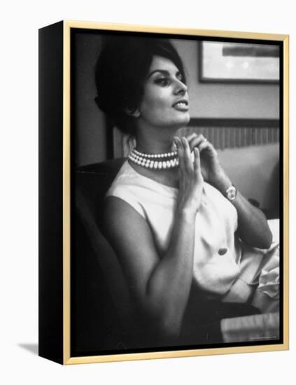 Actress Sophia Loren Fingering Her Pearl Necklace-Alfred Eisenstaedt-Framed Premier Image Canvas