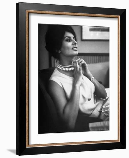 Actress Sophia Loren Fingering Her Pearl Necklace-Alfred Eisenstaedt-Framed Premium Photographic Print