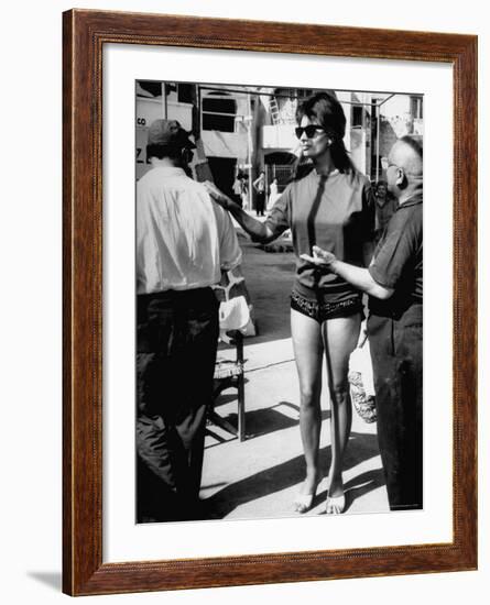 Actress Sophia Loren in Sunglasses, Bathing Suit and Sandals During Filming of "Madame Sans Gene"-Alfred Eisenstaedt-Framed Premium Photographic Print