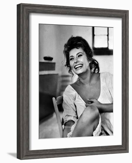 Actress Sophia Loren Laughing While Exchanging Jokes During Lunch Break on a Movie Set-Alfred Eisenstaedt-Framed Premium Photographic Print