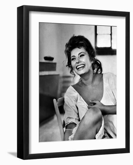 Actress Sophia Loren Laughing While Exchanging Jokes During Lunch Break on a Movie Set-Alfred Eisenstaedt-Framed Premium Photographic Print