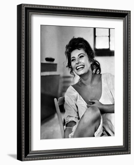 Actress Sophia Loren Laughing While Exchanging Jokes During Lunch Break on a Movie Set-Alfred Eisenstaedt-Framed Premium Photographic Print
