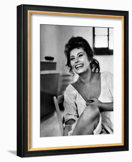 Actress Sophia Loren Laughing While Exchanging Jokes During Lunch Break on a Movie Set-Alfred Eisenstaedt-Framed Premium Photographic Print