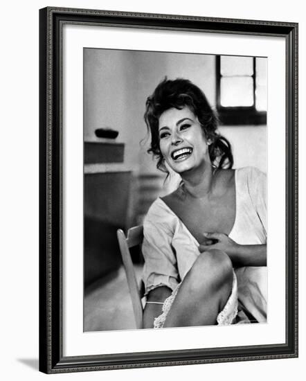 Actress Sophia Loren Laughing While Exchanging Jokes During Lunch Break on a Movie Set-Alfred Eisenstaedt-Framed Premium Photographic Print