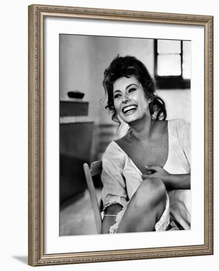 Actress Sophia Loren Laughing While Exchanging Jokes During Lunch Break on a Movie Set-Alfred Eisenstaedt-Framed Premium Photographic Print