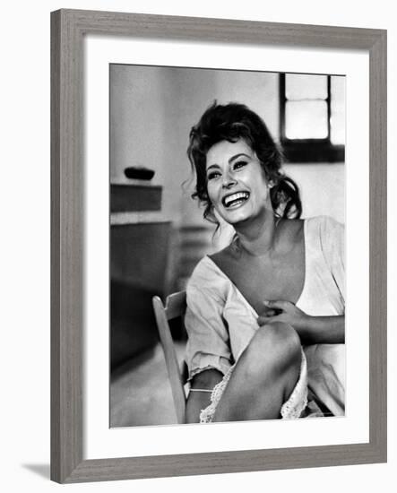 Actress Sophia Loren Laughing While Exchanging Jokes During Lunch Break on a Movie Set-Alfred Eisenstaedt-Framed Premium Photographic Print