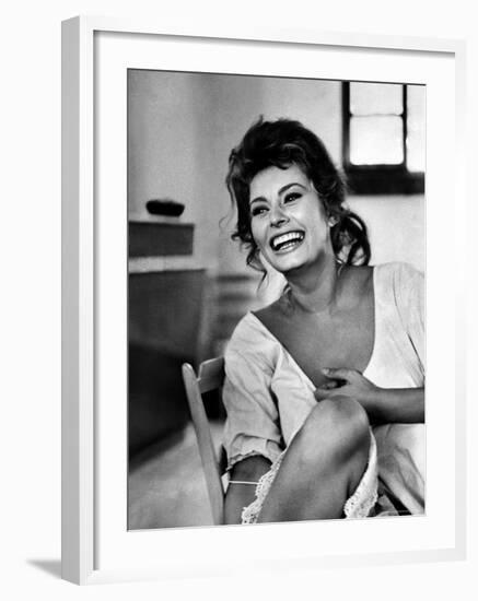 Actress Sophia Loren Laughing While Exchanging Jokes During Lunch Break on a Movie Set-Alfred Eisenstaedt-Framed Premium Photographic Print