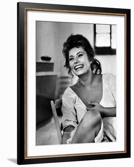 Actress Sophia Loren Laughing While Exchanging Jokes During Lunch Break on a Movie Set-Alfred Eisenstaedt-Framed Premium Photographic Print