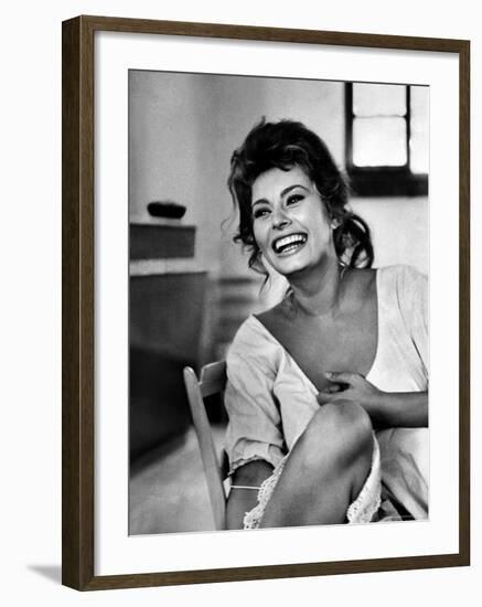 Actress Sophia Loren Laughing While Exchanging Jokes During Lunch Break on a Movie Set-Alfred Eisenstaedt-Framed Premium Photographic Print