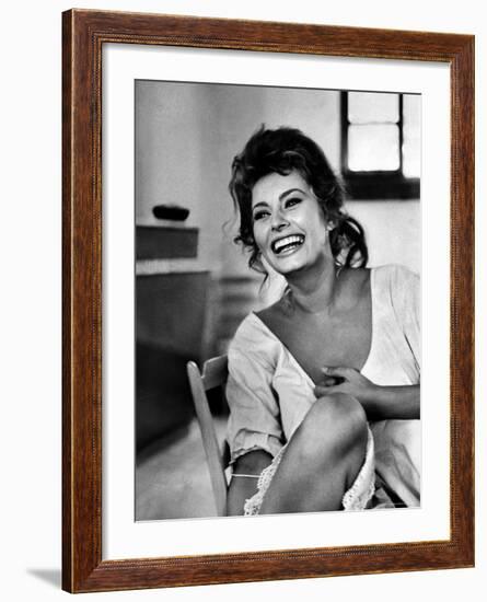 Actress Sophia Loren Laughing While Exchanging Jokes During Lunch Break on a Movie Set-Alfred Eisenstaedt-Framed Premium Photographic Print