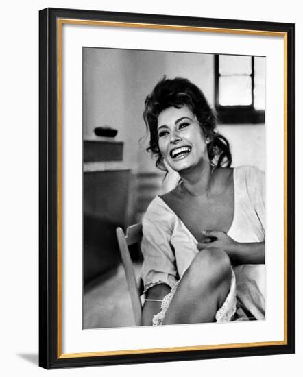 Actress Sophia Loren Laughing While Exchanging Jokes During Lunch Break on a Movie Set-Alfred Eisenstaedt-Framed Premium Photographic Print