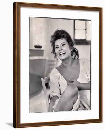 Actress Sophia Loren Laughing While Exchanging Jokes During Lunch Break on Madame Movie Set-Alfred Eisenstaedt-Framed Premium Photographic Print