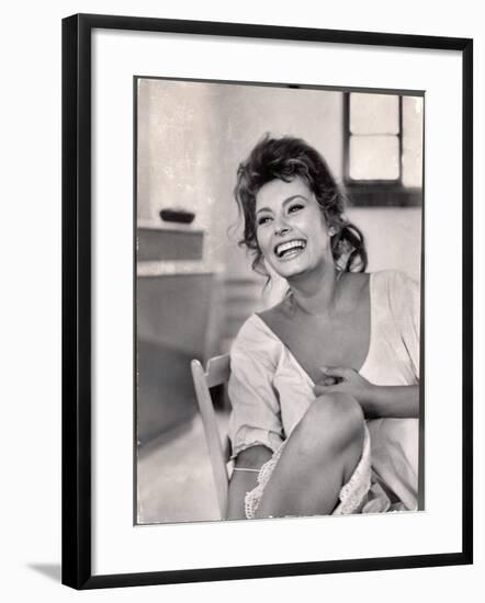 Actress Sophia Loren Laughing While Exchanging Jokes During Lunch Break on Madame Movie Set-Alfred Eisenstaedt-Framed Premium Photographic Print