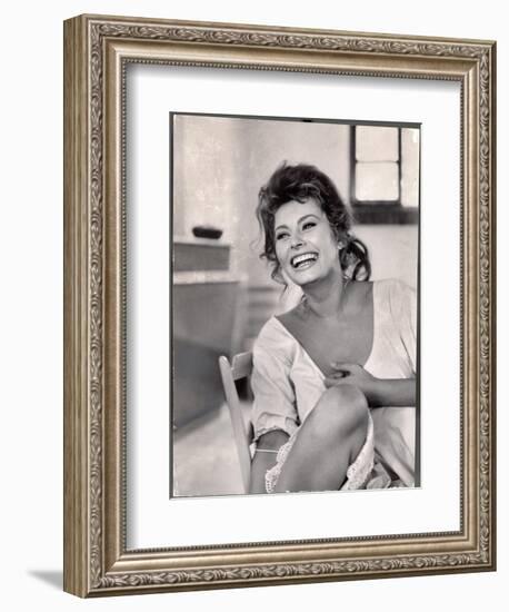 Actress Sophia Loren Laughing While Exchanging Jokes During Lunch Break on Madame Movie Set-Alfred Eisenstaedt-Framed Photographic Print