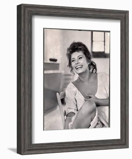 Actress Sophia Loren Laughing While Exchanging Jokes During Lunch Break on Madame Movie Set-Alfred Eisenstaedt-Framed Photographic Print